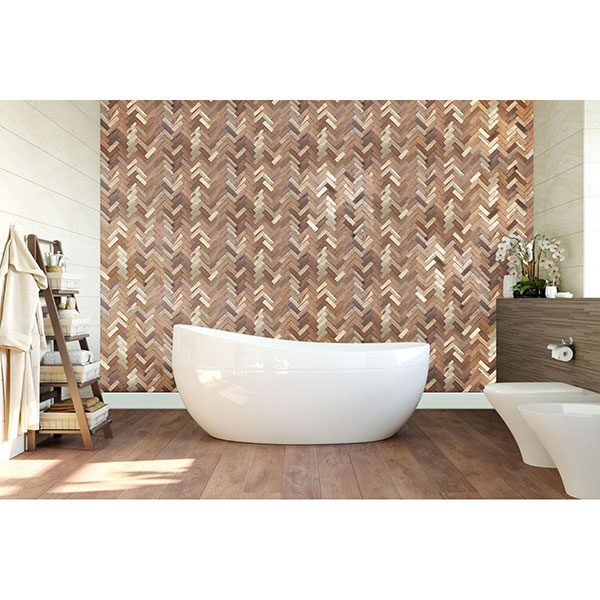 TideCraft Herringbone Boat Wood Mosaic Wall Tile, 11 7/8"W x 11 7/8"H x 1/2"P, Natural Finish