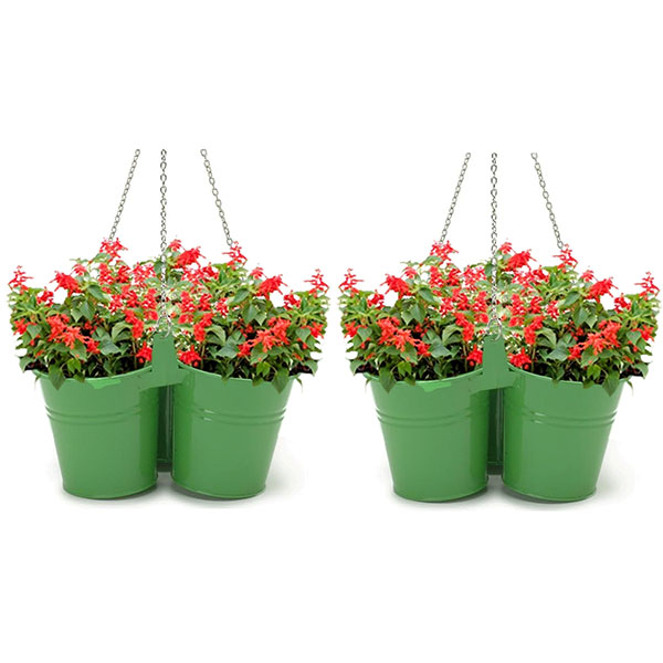 Houston International Trading HI8117E-SA-S/2 12-Inch W x 12-Inch D x 5 3/4- Inch H Enameled Galvanized Steel Triple Hanging Planter, Two-Count S/2, Sage
